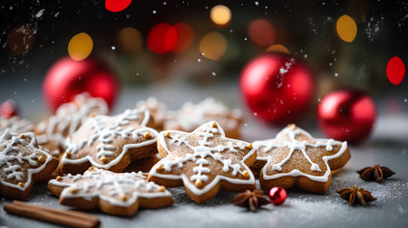 Christmas gingerbread cookies on a dark background with Christmas decorations and bokehの素材