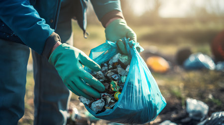 Volunteer collects garbage in a plastic bag in the forest. Zero waste concept.の素材