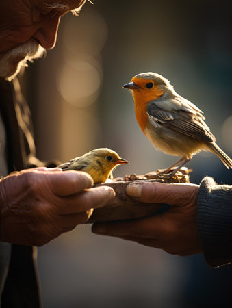 Elderly man feeding a small chick with a wooden feederの素材
