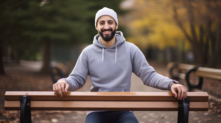 Handsome young man in hoodie and cap sitting on bench in parkの素材