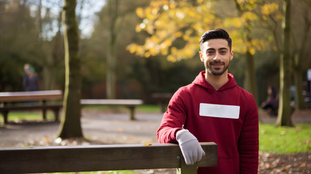 portrait of smiling young man in sportswear standing on park benchの素材