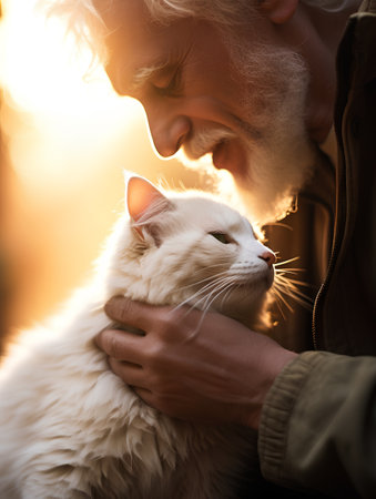 Close up portrait of a senior man with white fluffy cat at sunsetの素材