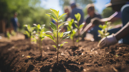 Young green seedling growing on fertile soil with blurred people in backgroundの素材