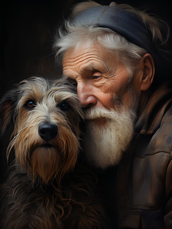 Portrait of an old man with a dog on a dark backgroundの素材