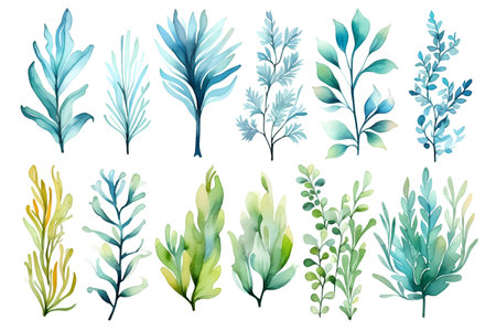 Set of watercolor hand drawn green and blue plants. Vector illustration.の素材