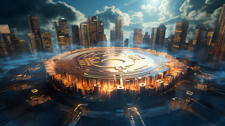 Futuristic city in futuristic style. 3d rendering toned imageの素材