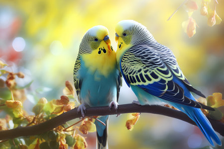 Two Budgerigar parrots sitting on a tree branch.の素材