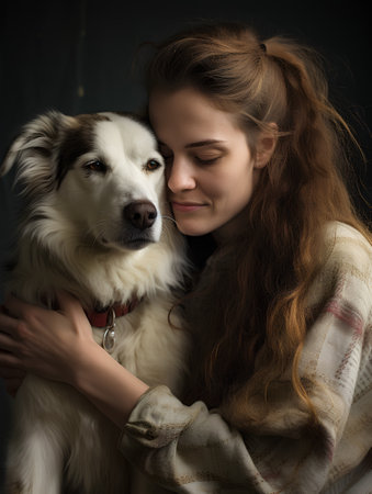 Portrait of a girl with a dog in her arms on a dark backgroundの素材
