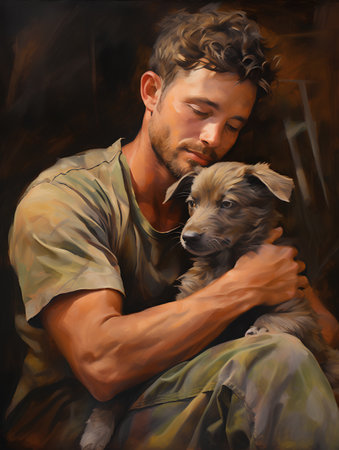 A young man with a dog in his arms. Digital painting.の素材