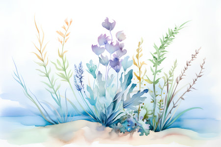 Watercolor floral background with blue iris flowers. Hand drawn illustration.の素材