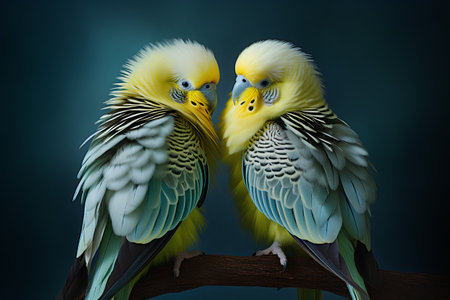 Two budgerigar parrots isolated on dark blue background.の素材