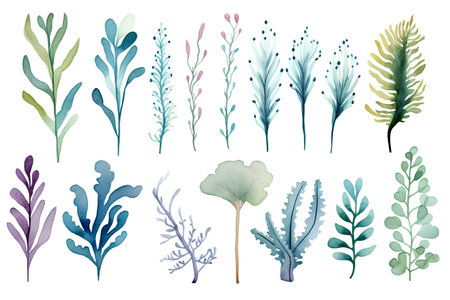 Watercolor hand drawn set of leaves and twigs. Vector illustration.の素材