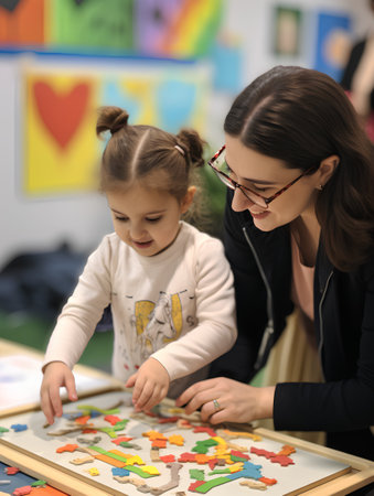 Little girl and her mother playing with puzzles in preschool. Education conceptの素材