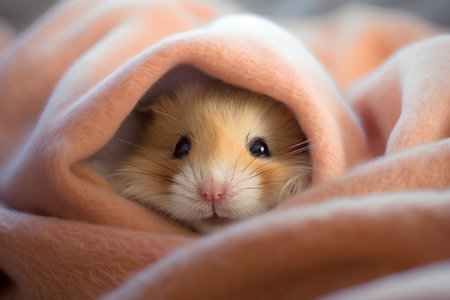 Cute little hamster hiding under a warm blanket. Close up.の素材