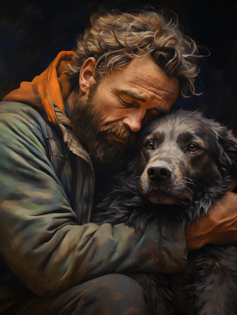 A man with a dog in his arms. Portrait of a man and a dog.の素材