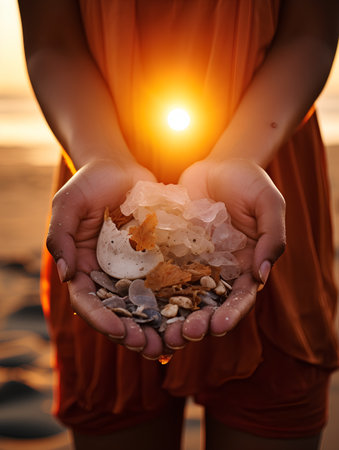 Woman hands holding sea stones on the beach at sunset, closeupの素材
