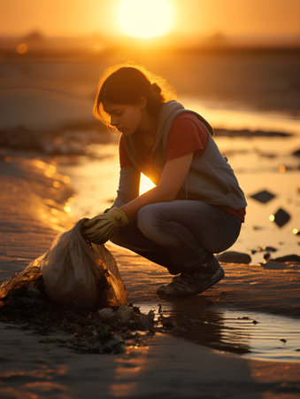 Young woman collecting garbage on the beach at sunset. Concept of environmental pollution.の素材
