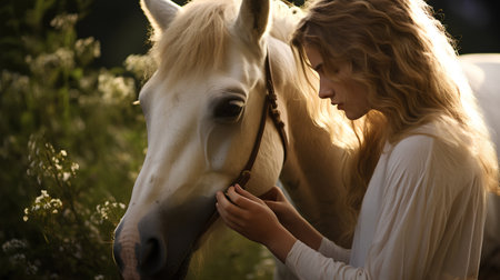 Beautiful young woman with a white horse in the field at sunsetの素材
