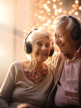 Smiling senior couple listening to music with headphones in the living room at homeの素材