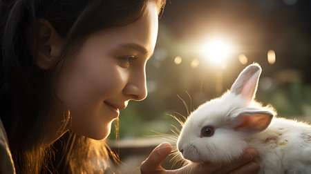 Beautiful young woman with a white rabbit in her hands on the background of the sunの素材