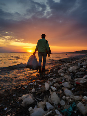 A man with a garbage bag in his hands walks along the seashore against the background of a beautiful sunset.の素材