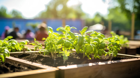 Young seedlings of basil in a wooden box on a blurred background.の素材