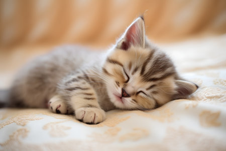Cute little kitten sleeping on the bed. Shallow depth of field.の素材