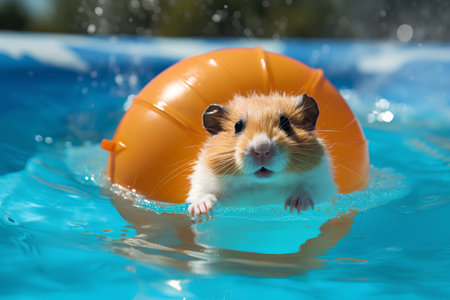 Cute hamster swimming in pool with orange inflatable ring.の素材