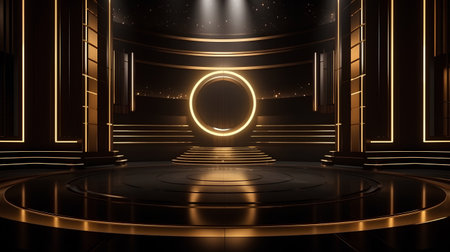 3d render of a stage with golden lights and a round mirrorの素材
