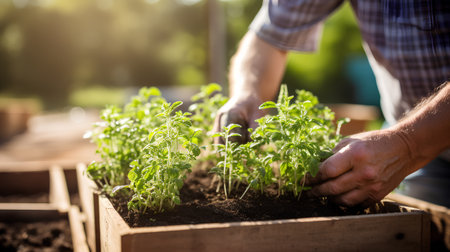 Farmer is planting tomato seedlings in the greenhouse. Selective focus. nature.の素材