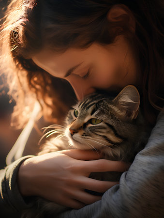 Beautiful young woman hugging a cat in the rays of the setting sunの素材