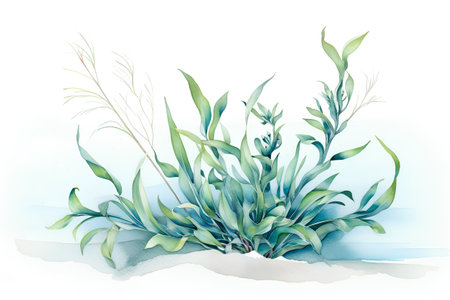 Watercolor illustration of sea grass on white background. Hand drawn illustrationの素材