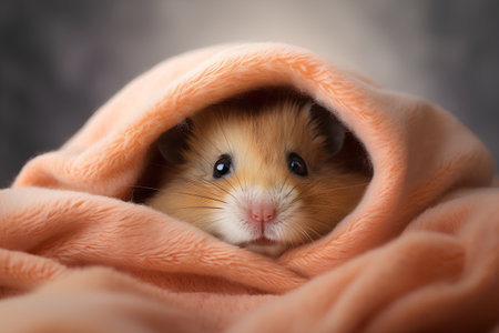 Cute hamster in a warm blanket. Close-up.の素材