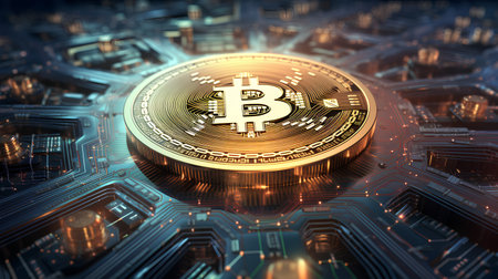 Bitcoin cryptocurrency coin on a circuit board background. 3d illustration.の素材