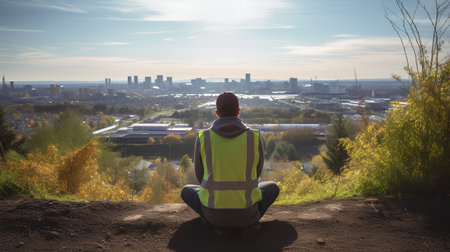 A man in a yellow jacket and a red cap sits on the edge of a hill and looks at the city.の素材