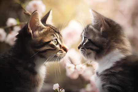 Cute tabby kitten and cat together in blooming garden.の素材