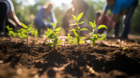 Group of young people planting seedlings in the garden. Selective focusの素材