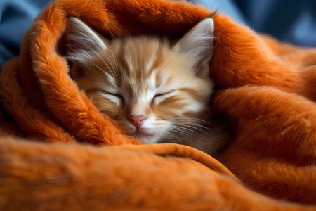 Cute little kitten sleeping under orange blanket. Close-up.の素材