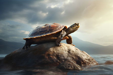 Turtle on a rock in the water at sunset. 3d renderの素材