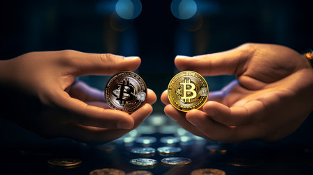 Hands holding golden bitcoins on a dark background. Cryptocurrency conceptの素材