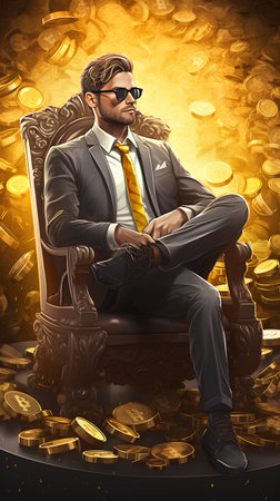 Businessman sitting on a chair with a lot of gold coins.の素材