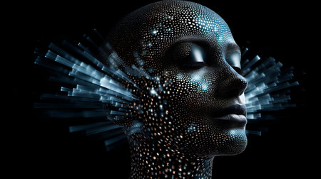 3d rendering of artificial intelligence cyborg head with particles on black backgroundの素材