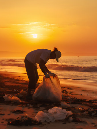 Volunteer collecting garbage on the beach at sunset. Concept of environmental pollution.の素材