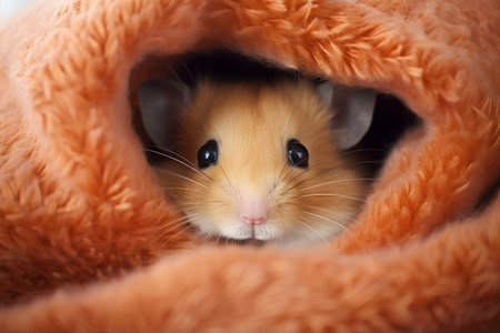 Cute hamster in a warm blanket. Close-up.の素材