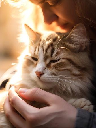 Closeup portrait of a young woman stroking a cat in the sunの素材