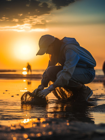 Silhouette of a woman working in the sea at sunset.の素材