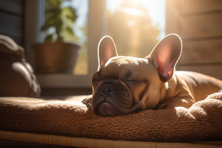 French bulldog puppy sleeping on the bed in the morning sunlight.の素材