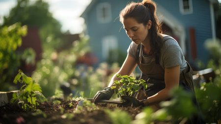 Young woman planting seedlings in the garden at summer. Selective focus.の素材
