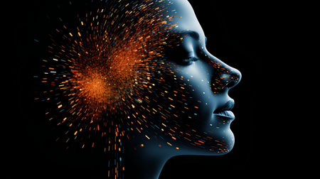 3d rendering of a female head made of particles on a black backgroundの素材
