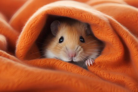 Cute little hamster in a warm orange blanket. Close-up.の素材